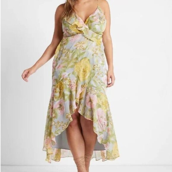 Express Women's Floral Print Ruffle Faux Wrap Hi-Lo Maxi Dress - XS - Picture 1 of 7
